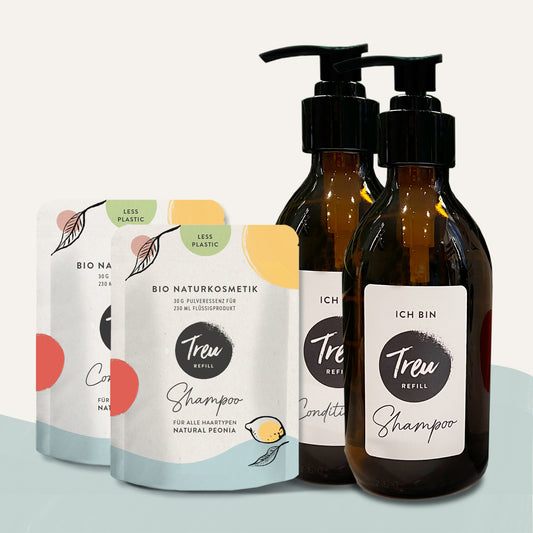 Bio Naturkosmetik Shampoo und Conditioner in Pulverform mit Refill-Glasflasche
