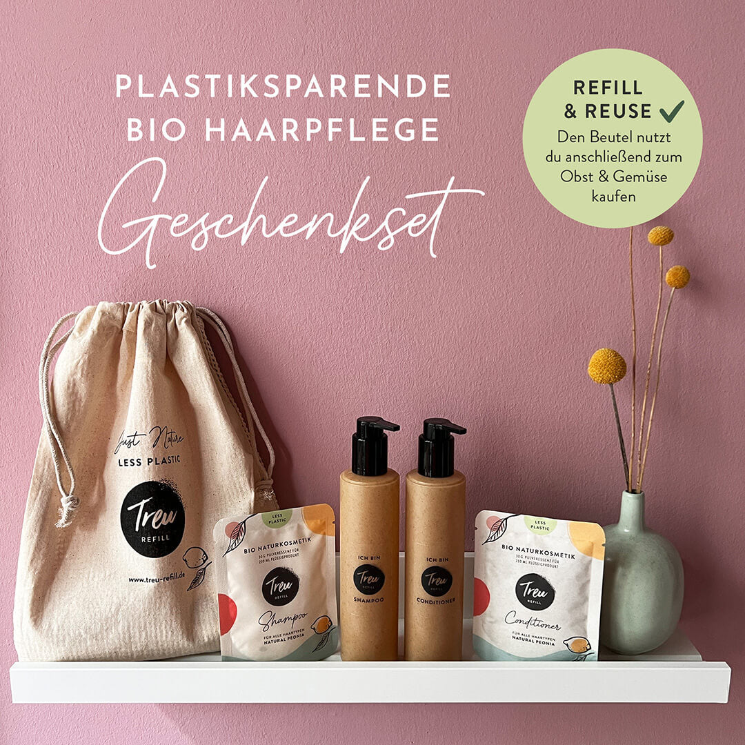 HAARPFLEGE GESCHENKSET: Bio Naturkosmetik Shampoo und Conditioner in Pulverform mit Refill-Flasche  aus Flüssigholz