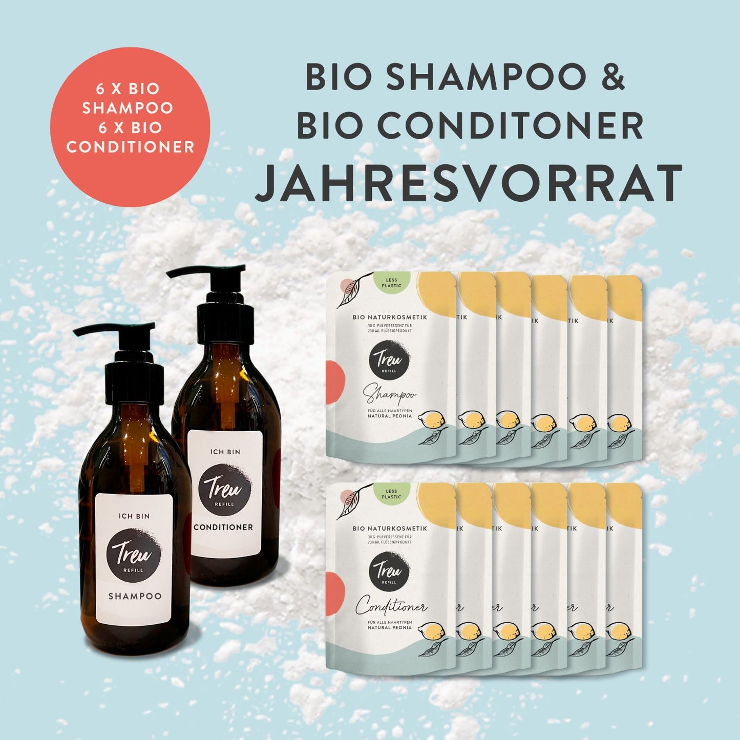 Jahresvorrat Bio Naturkosmetik Shampoo und Conditioner in Pulverform mit Refill-Flasche