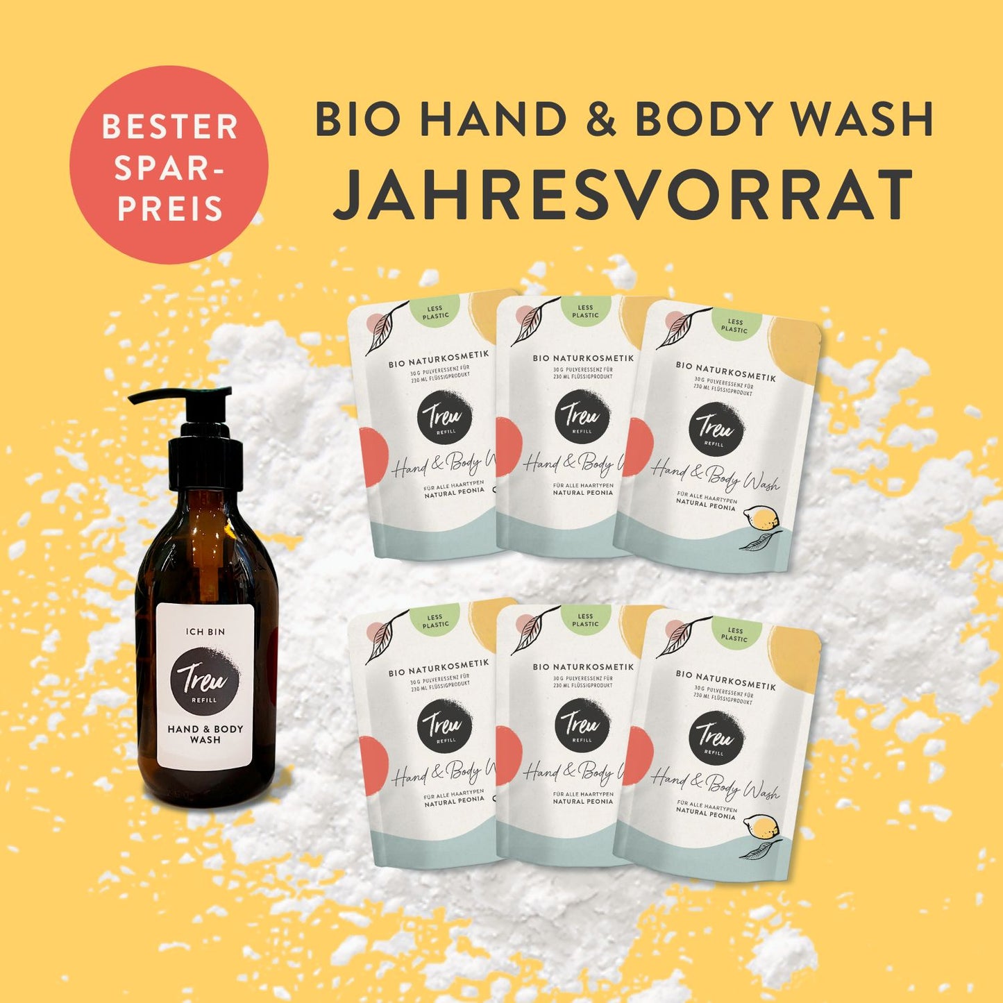 Jahresvorrat Bio Naturkosmetik Hand & Body Wash in Pulverform mit Refill-Glasflasche