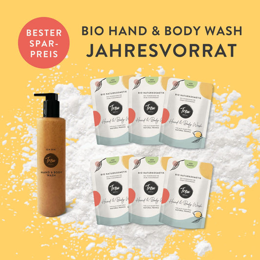 Jahresvorrat Bio Naturkosmetik Hand & Body Wash in Pulverform mit Refill-Flasche