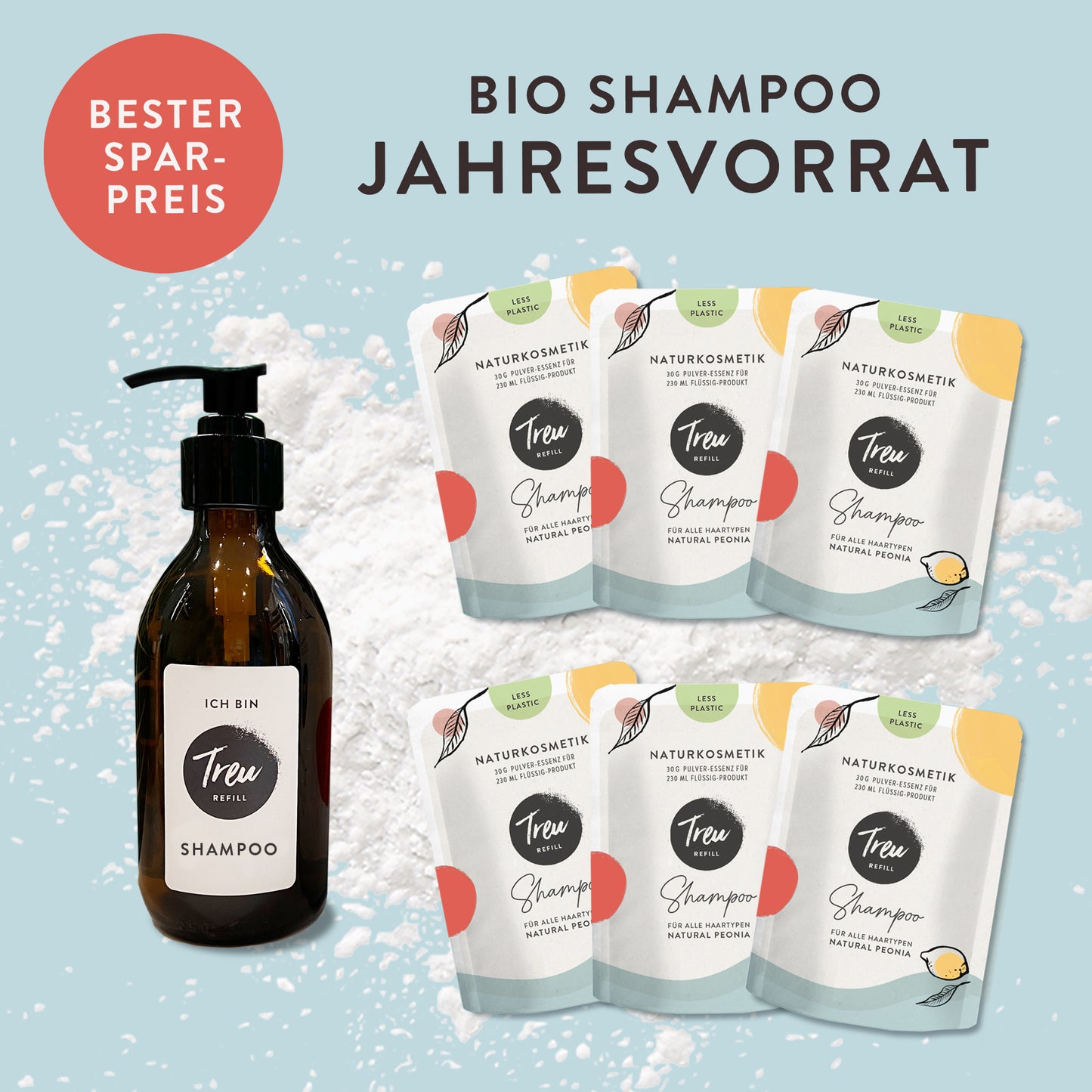 Jahresvorrat Bio Naturkosmetik Shampoo in Pulverform mit Glasflasche
