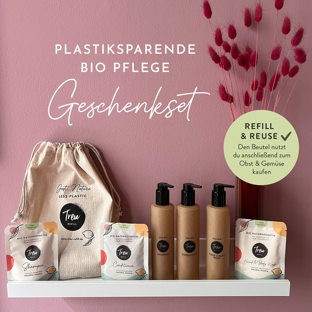 STARTERSET GESCHENK Bio Shampoo, Conditioner, Hand & Body Wash inklusive Refill-Flaschen aus Flüssigholz