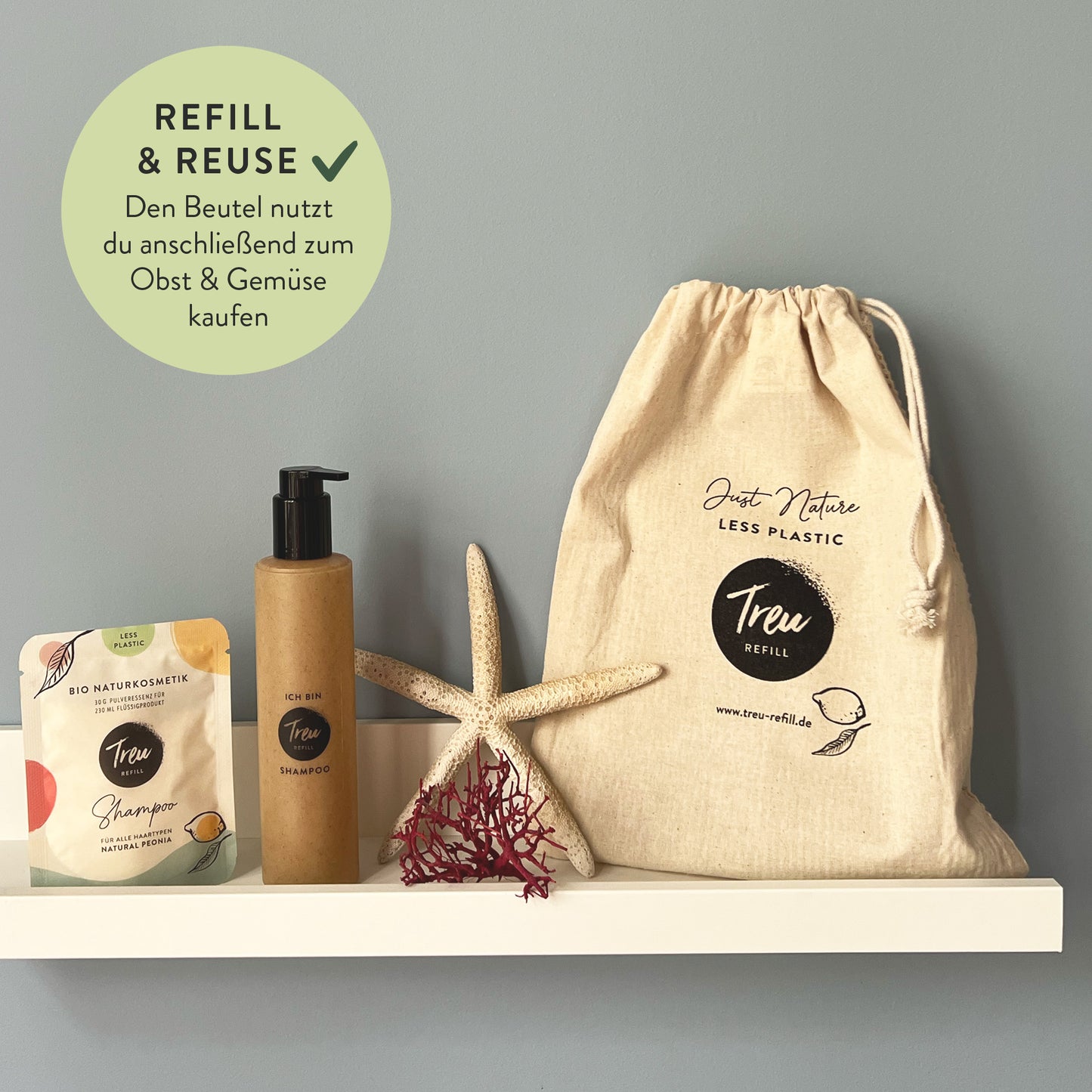 Nachhaltige Geschenkidee: Bio Naturkosmetik Shampoo Pulver mit Refill-Flasche aus Flüssigholz
