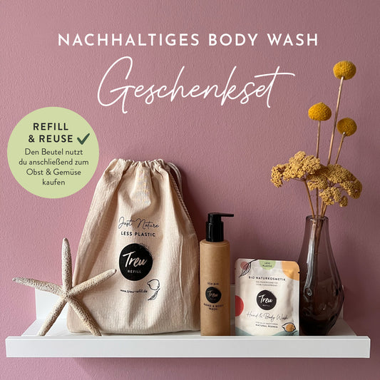 Nachhaltige Geschenkidee: Bio Naturkosmetik Hand & Body Wash in Pulverform mit Refill-Flasche aus Flüssigholz